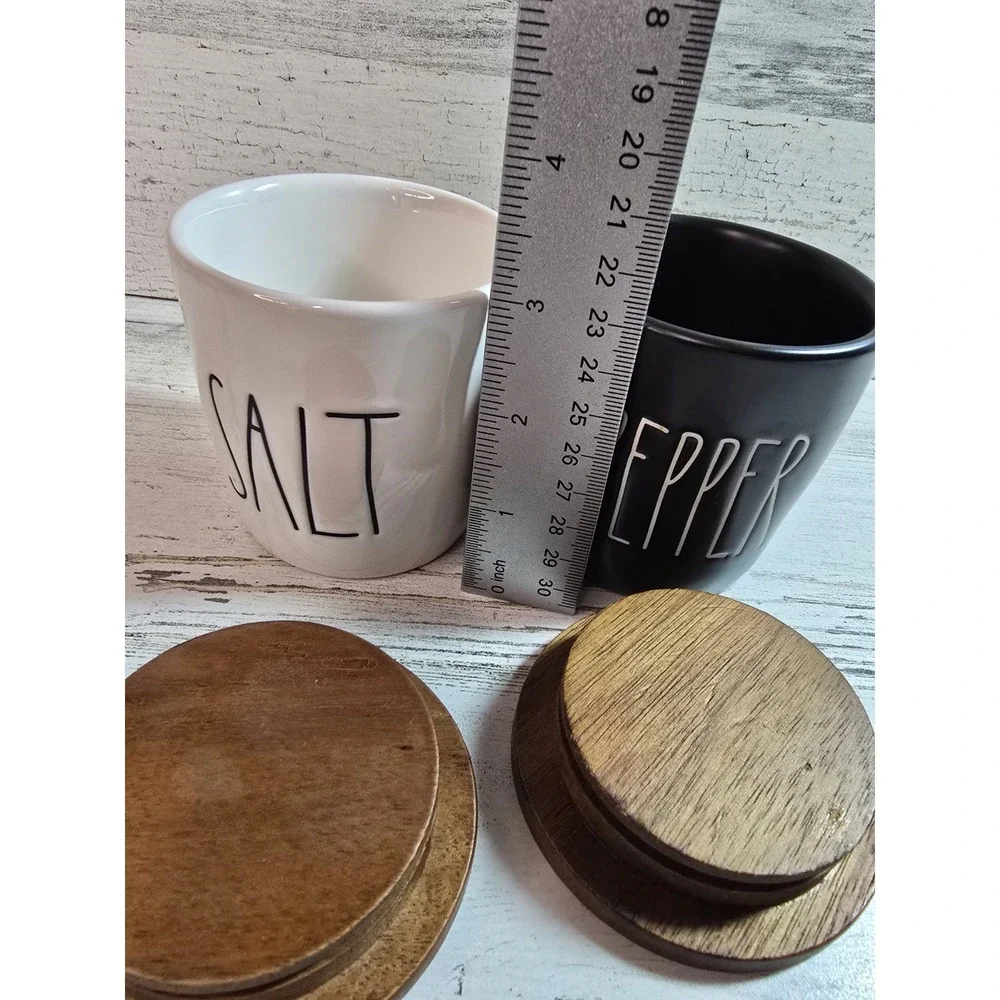 Rae Dunn Artisan Collection‎ Salt and Pepper Cellar Set White Black Wood Lids